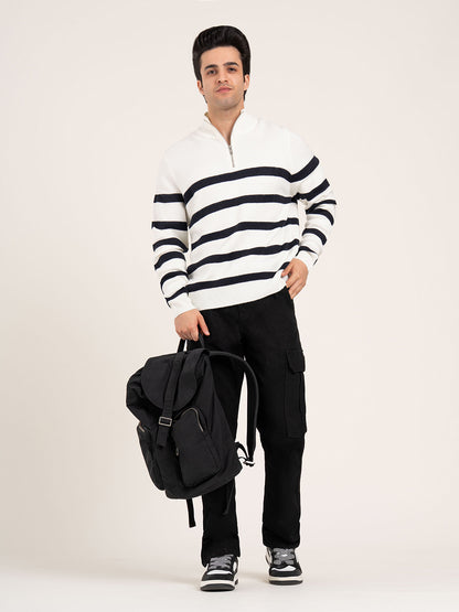 Men’s Off-White Half Zip Striped Sweater | Cozy Winter Classic